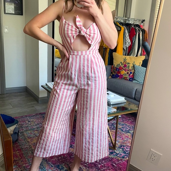 Forever 21 Pants - Red and Cream Jumpsuit Linen Small Tie Front